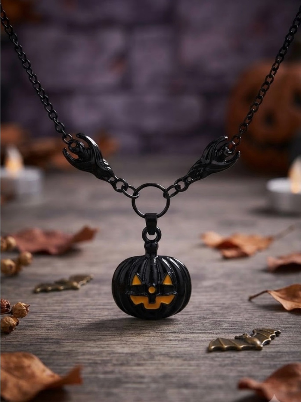 Hand Crafted Black Pumpkin Pendant Necklace With Bats